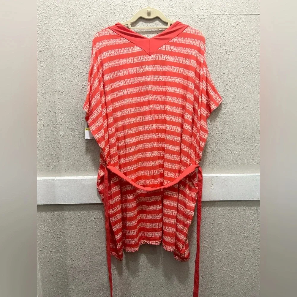 Michael Kors Kytoto Stripe V-Neck Belted Tunic Cover-Up Sangria M/L NWT